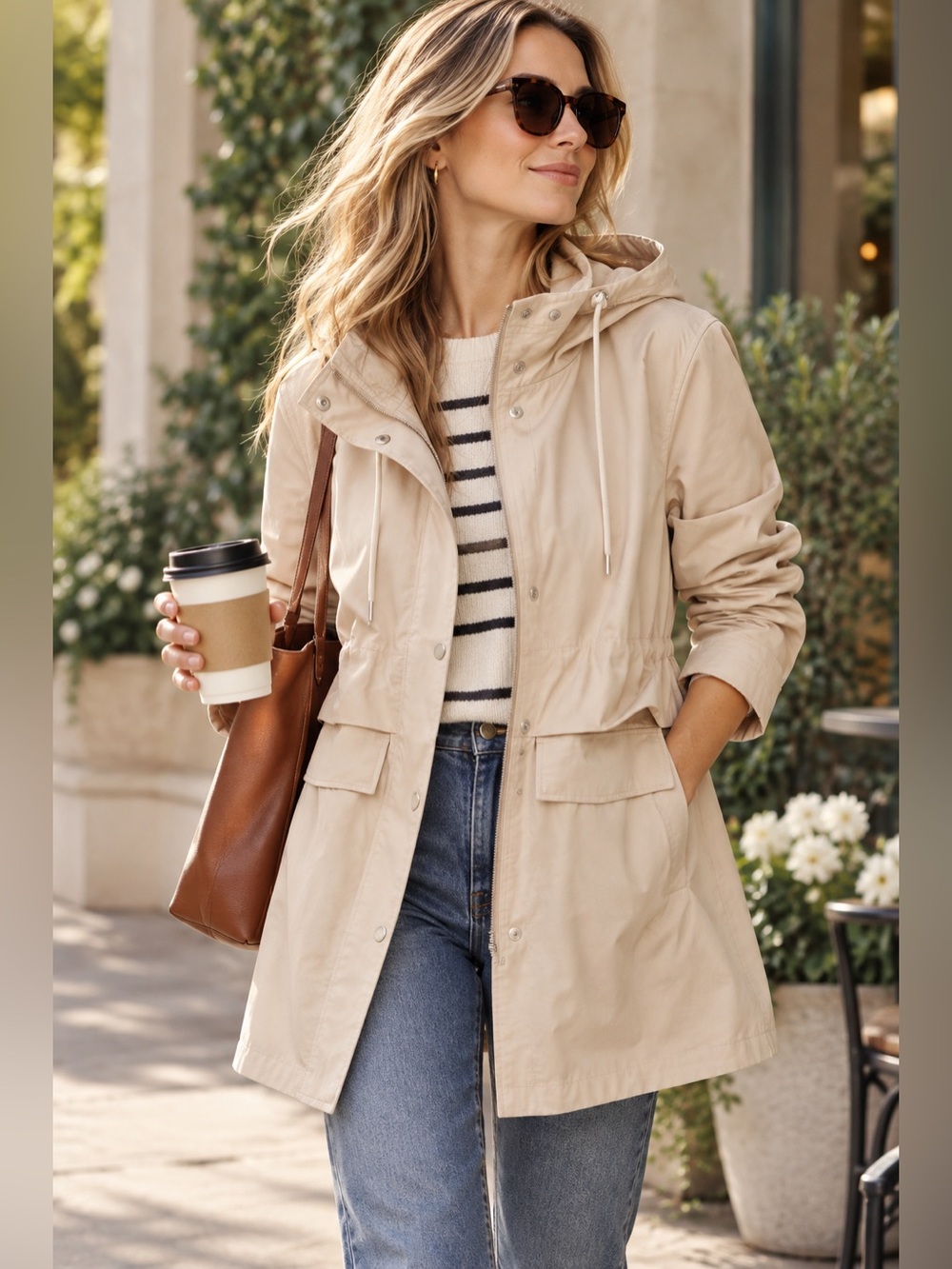 NWOT Sam Edelman Beige Hooded Utility Rain Jacket Coat Size L